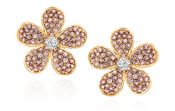 YELLOW DIAMOND CENTER AND PINK DIAMOND FLOWER EARRINGS IN 18K